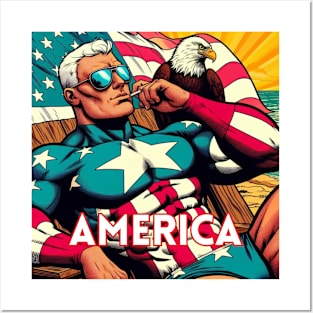 America Superhero Beach Eagle Patriotic Posters and Art